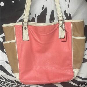 Coach Two-Tone Coral and Beige Tote Bag